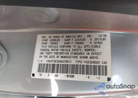 2009 Honda Accord Lx z USA, uszkodzony, nr VIN 1HGCP26349A079011